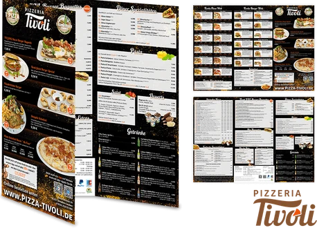 Mehrseitiger Speisekartenflyer der Pizzeria Tivoli mit Produktfotos