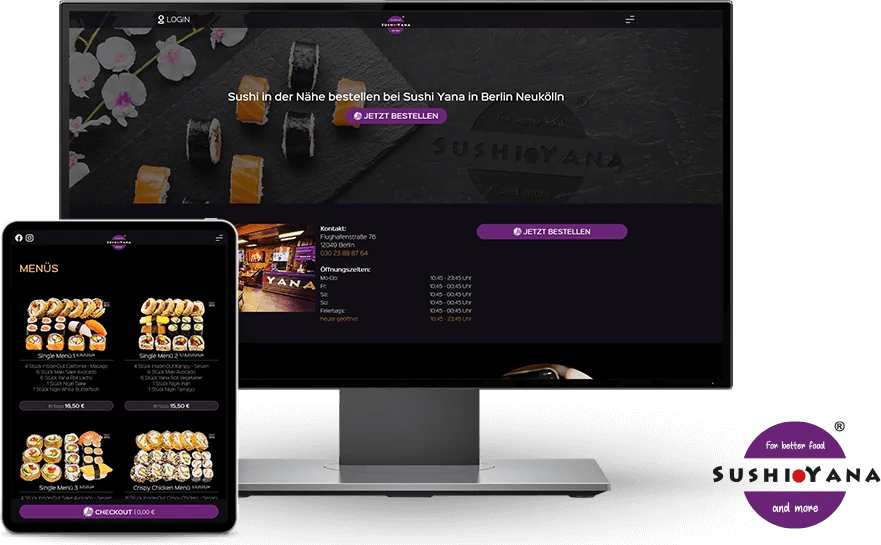 Webshop von Sushi Yana auf einem Monitor und einem Tablet