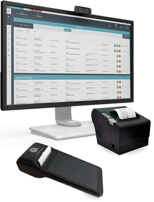 Monitor mit Bestellübersicht, daneben ein Bondrucker und der DailyPrinter
