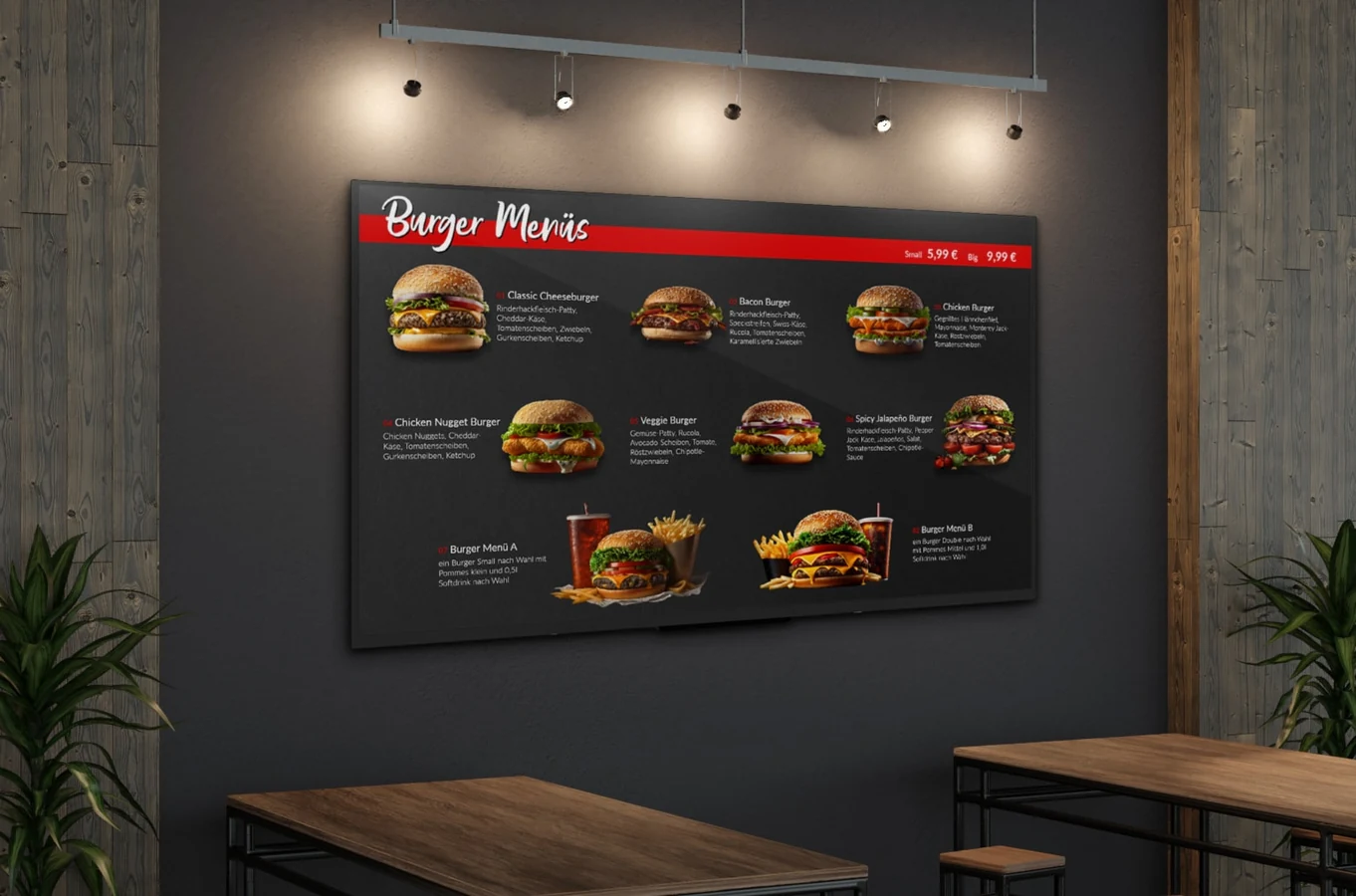 Digitale Speisekarte mit Produktbildern und Preisen auf einem Wandmonitor